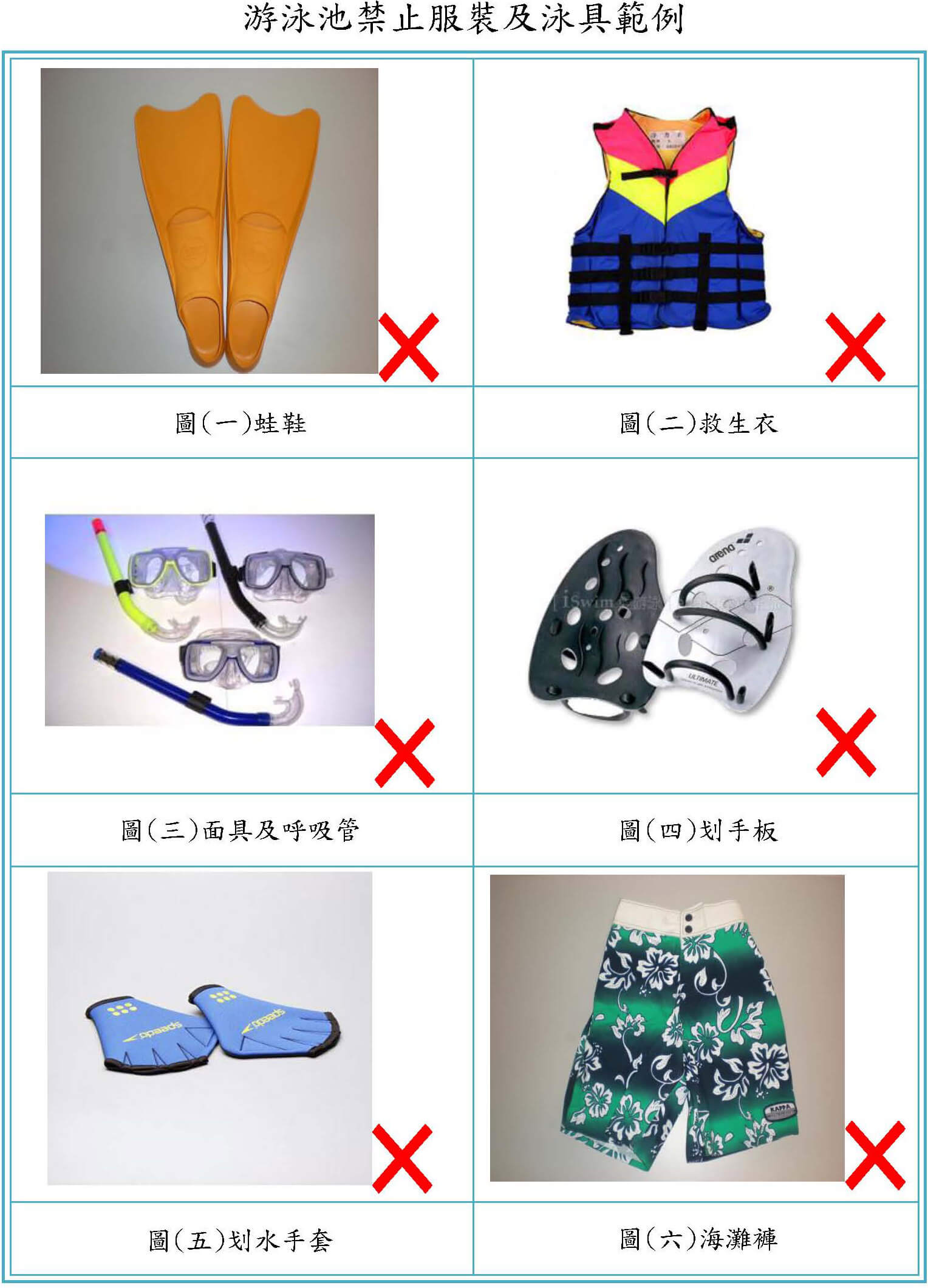 游泳池禁止服裝及泳具範例 游泳池禁止服裝及泳具範例